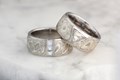 Winter Mokume Wedding Band with Macle and a White Mokume Band with a Diamond Channel