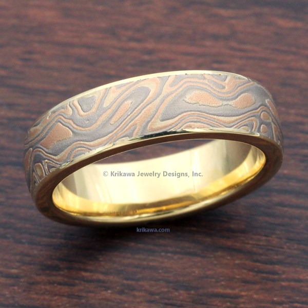Champagne Mokume Wedding Band with 18k Yellow Gold Liner