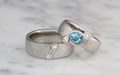 Mokume Gane Angled Three Stone Engagement Ring with Blue and White Diamond