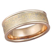 Trigold Mokume Gane Wedding Ring with Rose Gold Inlay and Raised Rails