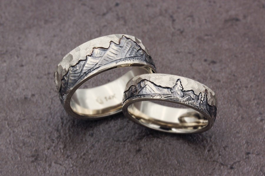 Mountain with Machinist Sky Wedding Band