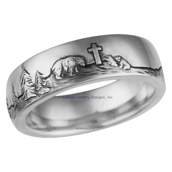 This colorization of the Bear Cross Nature Wedding Band shows you what the ring would look like in natural white gold with an antiqued finish.