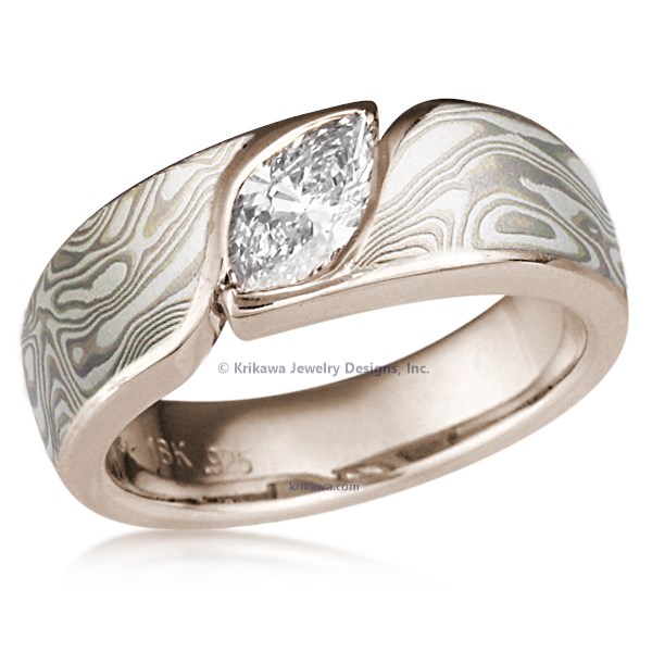 Mokume Wave Engagement Ring - Marquise 