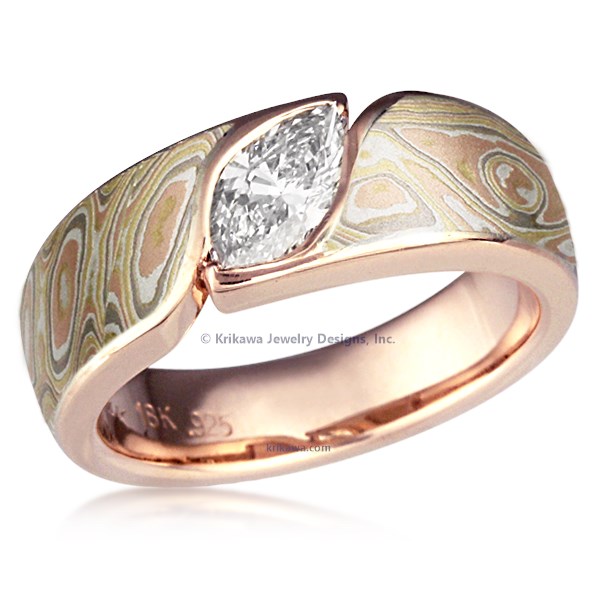 Mokume Wave Engagement Ring - Marquise 