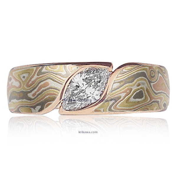 Mokume Wave Engagement Ring - Marquise 