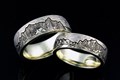 Mountain Caper Mokume Wedding Band Set in 10k Green Gold and White Mokume Gane