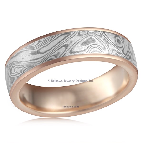 White Mokume Wedding Band With Rose Gold Liner