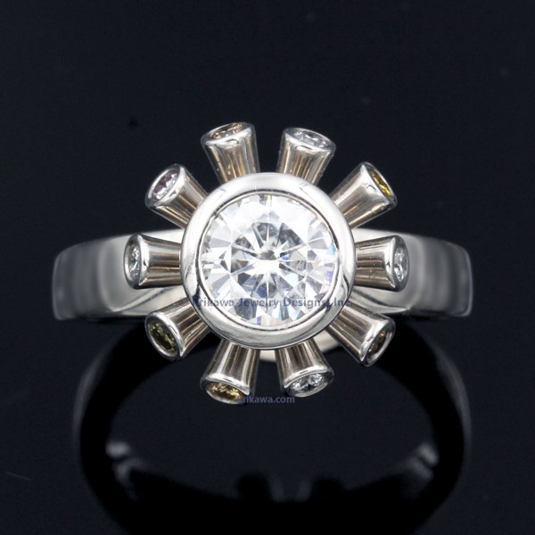 Sputnik Engagement Ring With Fancy Colored Diamonds