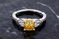 Vintage Three Stone Engagement Ring With Curls with Fancy Yellow Lab Diamond