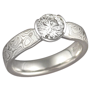 Round Diamond in Mokume Engagement Ring Round Diamond in Mokume Solitaire Engagement Ring