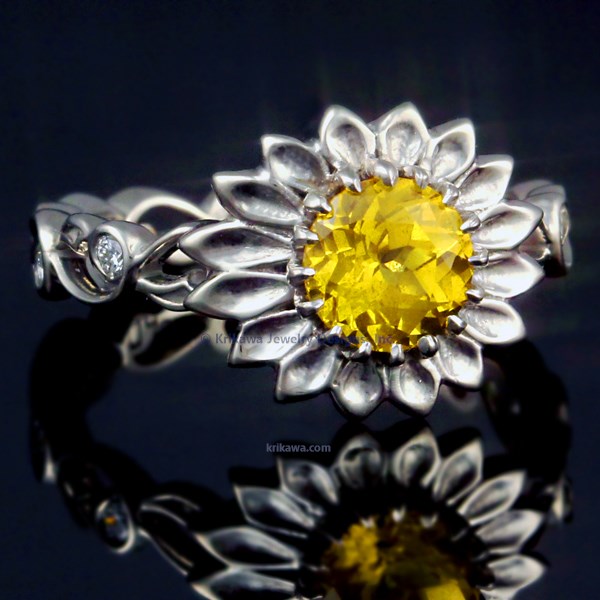 Daisy Delicate Leaf Engagement Ring With Yellow Sapphire