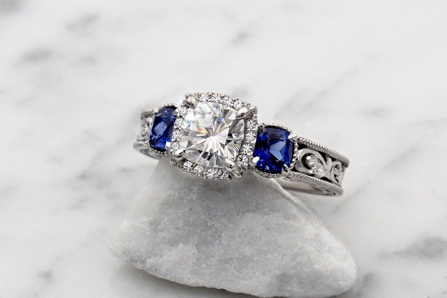 Vintage Three Stone Scrollwork Engagement Ring