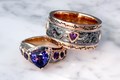 
Mokume Galaxy Kiss Engagement Ring and Wave Form Mokume Wedding Band in 14k rose gold and Black and White Mokume Gane.