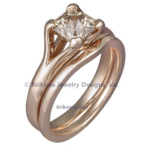 Carved Wing Engagement Ring with Champagne Diamond and Rose Gold Liner Bridal Set