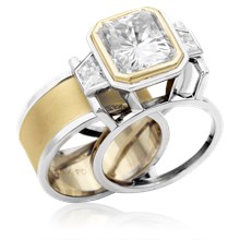
Wide Deco Three Stone Scaffolding Engagement Ring With Moissanite