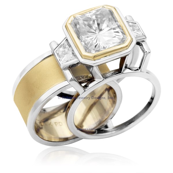 

Wide Deco Three Stone Scaffolding Engagement Ring With Moissanite