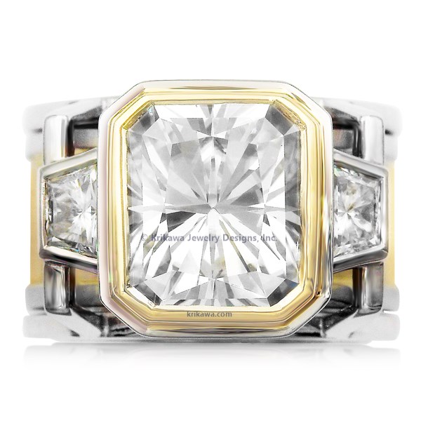 


Wide Deco Three Stone Scaffolding Engagement Ring With Moissanite