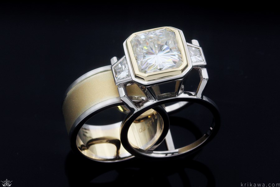 Wide Deco Three Stone Scaffolding Engagement Ring With Moissanite