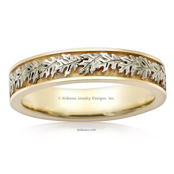 A wreath of oak leaves wraps your finger with this petite nature wedding band.