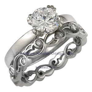 Carved Leaf Engagement Ring with Delicate Leaf Diamond Band