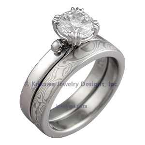 Unique Diamond Engagement Ring and Mokume Wedding Band