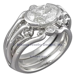 Carved Curls Engagement Ring with Oval Diamond and Enhancer