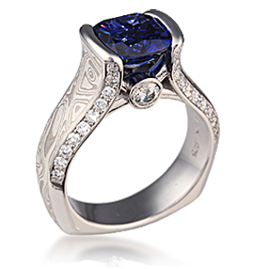 Mokume Juicy Light Bezel Engagement Ring With Blue Sapphire