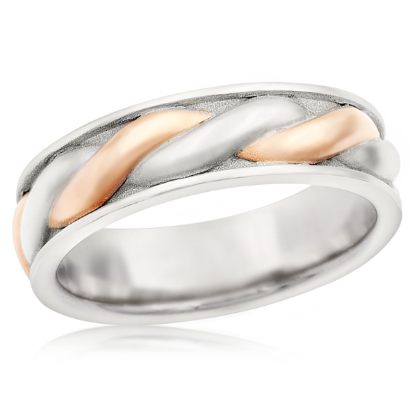 Twist Mens Two Tone Wedding Band In Palladium And Rose Gold