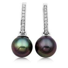 Perfect Diamond Hoop Earrings With Tahitian Pearl Drops - top view