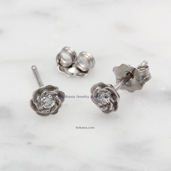 Small White Gold Rose Stud Earrings With Diamonds