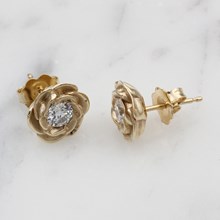 Large Yellow Gold Rose Stud Earrings With Diamonds