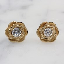 Large Yellow Gold Rose Stud Earrings With Diamonds - top view