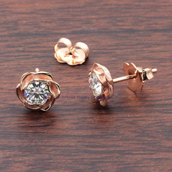 Large Rose Gold Rose Stud Earrings With Moissanites