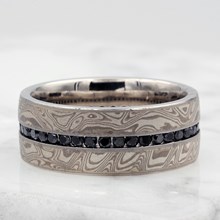 White Mokume Diamond Channel Center Wedding Band - top view