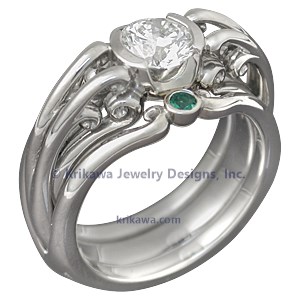 Carved Curls Engagement Ring with Emerald Accents