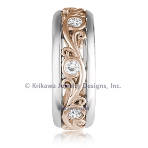 Carved Curls Diamond Wedding Band with Rails - 6mm
