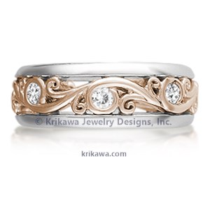 Carved Curls Diamond Wedding Band with Rails - 6mm
