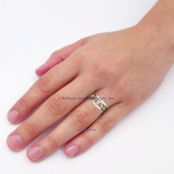 Carved Curls Diamond Wedding Band with Rails - 6mm