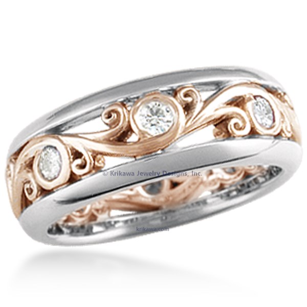 Carved Curls Diamond Wedding Band with Rails - 6mm