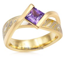 Mokume River Twist Engagement Ring With Purple Sapphire