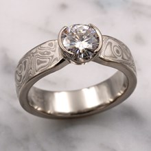 White Mokume Solitaire Tapered Engagement Ring, 6MM
