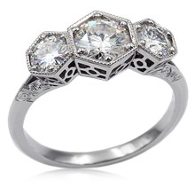 Vintage Replica Three Stone Hex Engagement Ring