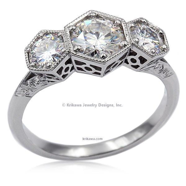 Vintage Replica Three Stone Hex Engagement Ring