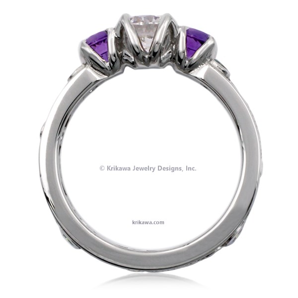 Three Stone Millegrain Curls Engagement Ring