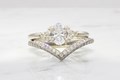 Petite Trinity Cluster Engagement Ring and Vintage Style Bead Set Wedding Band