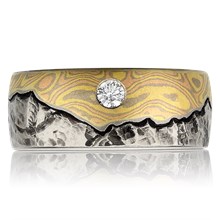 Mountain Wedding Band With Mokume Sky And Diamond - top view