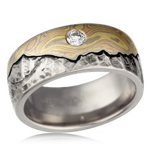 Mountain Wedding Band With Mokume Sky And Diamond