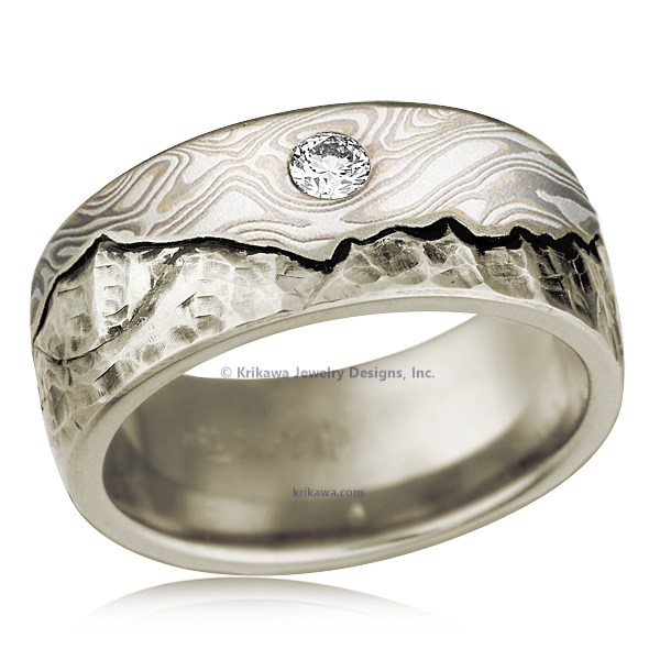 Mountain Wedding Band With Mokume Sky And Diamond