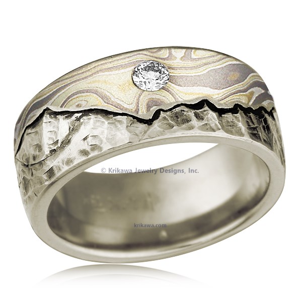 Mountain Wedding Band With Mokume Sky And Diamond