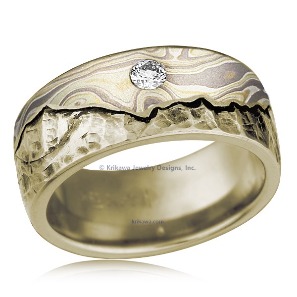 Mountain Wedding Band With Mokume Sky And Diamond
